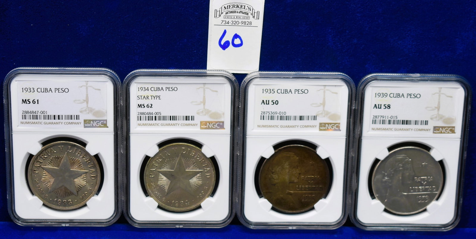 Lot of 4 Cuban Pesos 1933-1939 (AU 58 - MS 62): Lot of 4 Cuban Pesos 1933-1939. Includes 1939 Peso (AU 58), 1935 Peso (AU 50), 1934 Peso (MS 62), and 1933 Peso (MS61) Please note before bidding on this or Any Gold items in this auction, we do not a