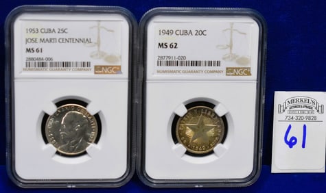 1949 Cuba 20C (MS 62) & 1963 Cuba 25C Jose Marti Centennial (MS 61)