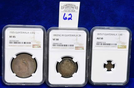 Lot of 3 Guatemalan Coins 1875 P 1/4R (AU 50), 1802NG M 2R (VF 30) & 1925 1/2Q (XF 45)