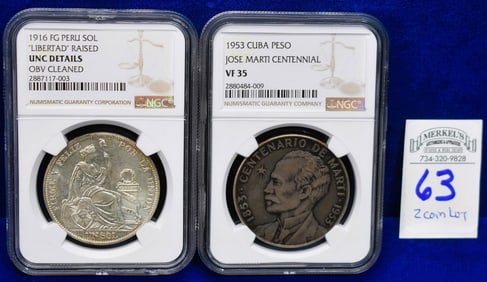 1953 Cuba Peso (Centennial) (VF 35) & 1916 FG Peru SOL 'Libertad' (UNC DETAILS)