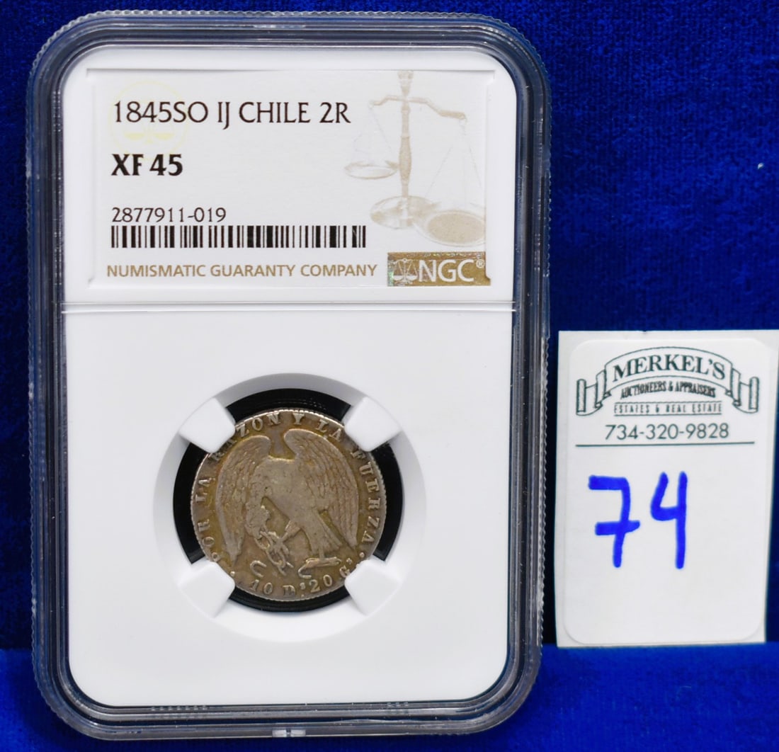 1845SO IJ Chile 2R - NGC XF 45 - Silver Coin: 1845SO IJ Chile 2R - NGC XF 45 - Silver Coin Please note before bidding on this or Any Gold items in this auction, we do not accept Credit Cards as a form of payment for these items. All Gold an
