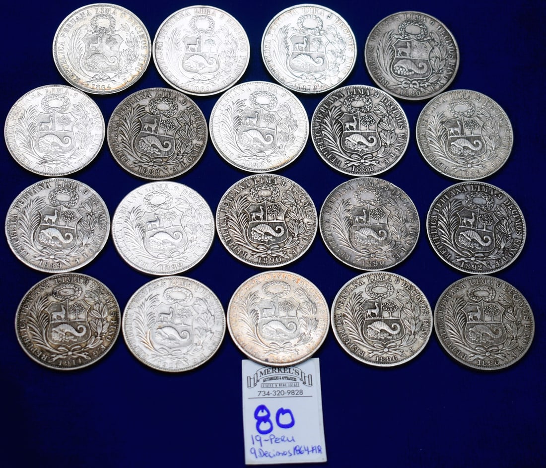 Roll of (19) Republica Peruana Lima .9 Decimos Silver Coins (1864-1916) (1 of 2)