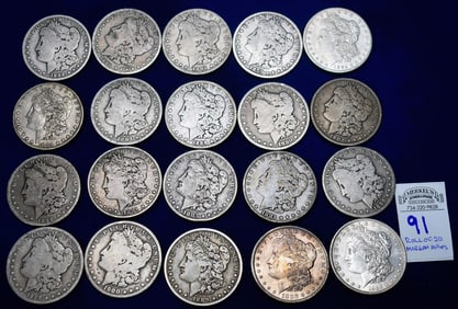 Roll of 20 Morgan Dollars (11-P, 9-O Mint Marks) US SIlver