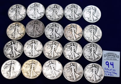 Roll of 20 Walking Liberty 1/2 Dollars US Silver
