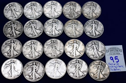 Roll of 20 Walking Liberty 1/2 Dollars US Silver