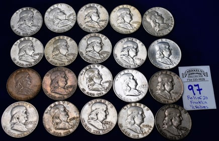 Roll of 20 Franklin 1/2 Dollars US Silver