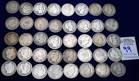 Roll of 40 Barber Quarters US Silver