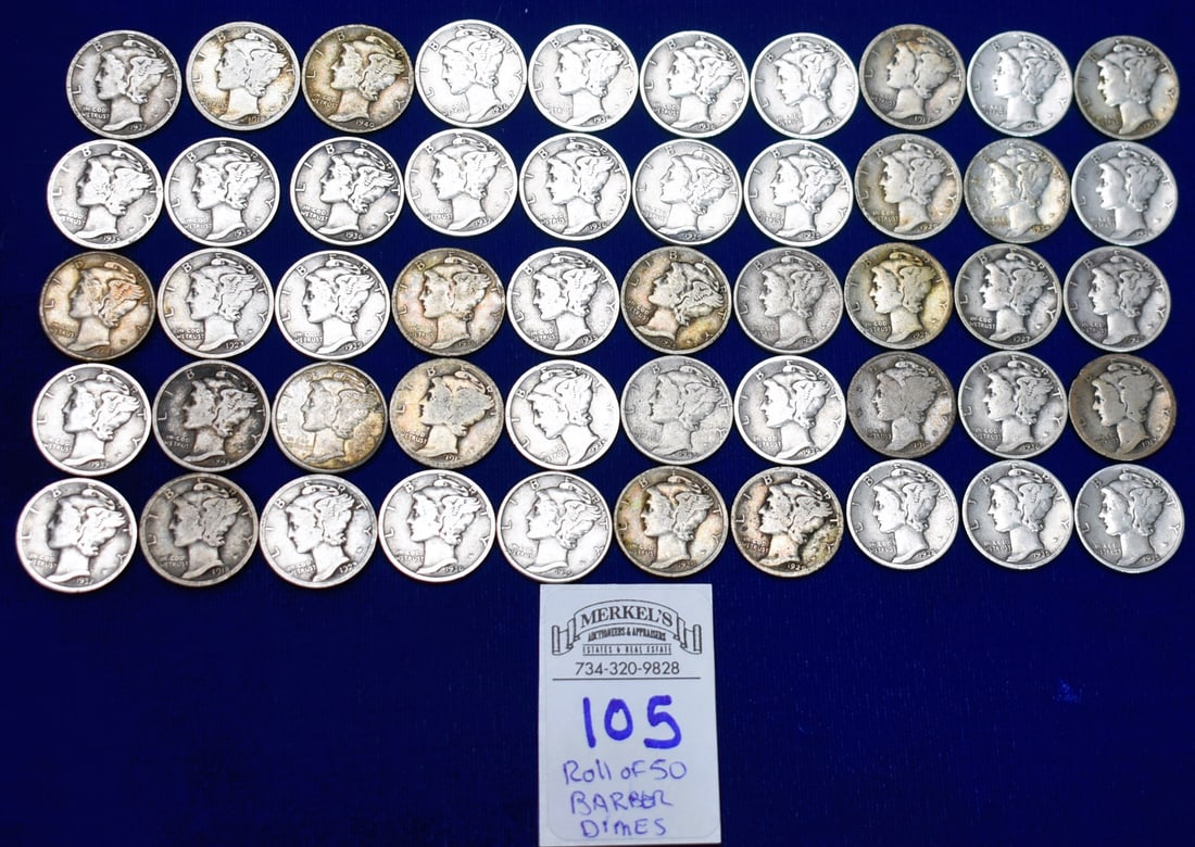 Roll of 50 Barber Dimes US Silver: Roll of 50 Barber Dimes US Silver Please note before bidding on this or Any Gold items in this auction, we do not accept Credit Cards as a form of payment for these items. All Gold and Fine Jew