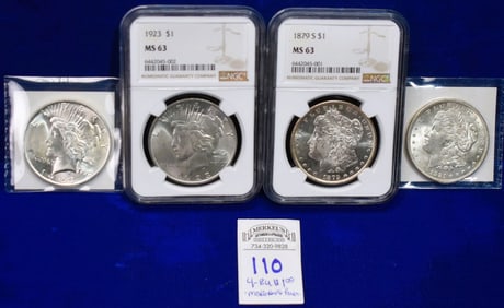 Lot of 4 US Silver Dollars (Morgan & Peace, 2 Graded, 2 RAW)