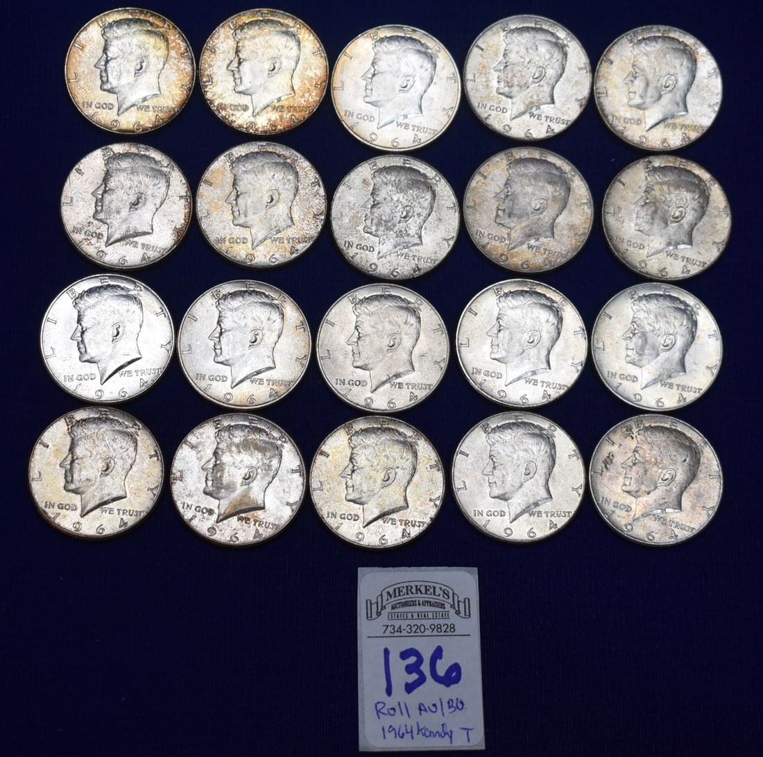 AU/BU Roll of 20 1964 Kennedy Silver 1/2 Dollars (1 of 2)