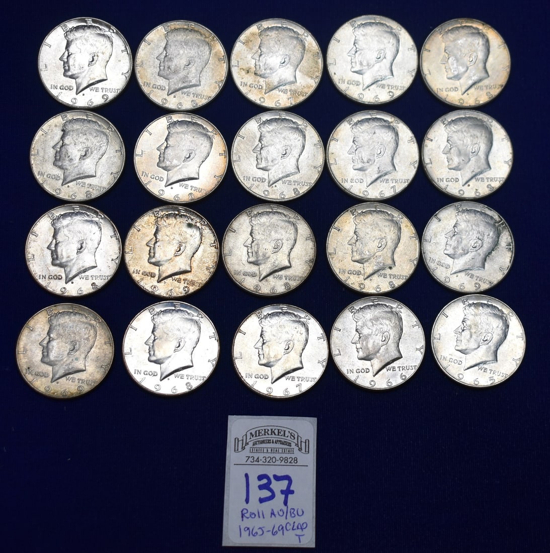 AU/BU Roll of 20 1965-1969 Kennedy Clad 60% Silver 1/2 Dollars (1 of 2)