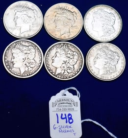Lot of 6 Silver Dollars (4 Morgan, 2 Peace)