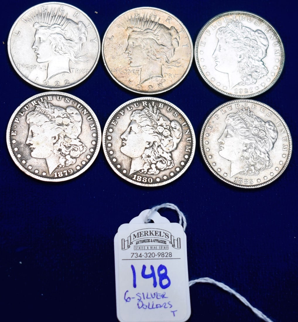 Lot of 6 Silver Dollars (4 Morgan, 2 Peace) (1 of 2)