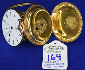 Circa, 1822-1830 E. F. Ashley 18k Gold Key Wind Pocket Watch 3/4 Plate