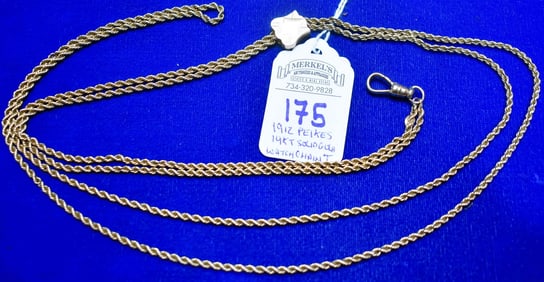 Antique Signed, 1912 Peikes 14K Solid Gold Pocket Watch Safety Chain.