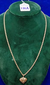 22 1/2' 14k Gold Solid Rope Chain W/ 14k Heart Pendant - 23.70 GRAMS 14K Gold