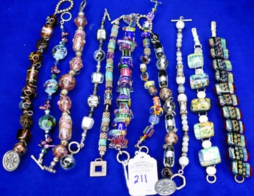 Lot of 11 Bracelets - Mostly Murano Glass Beads