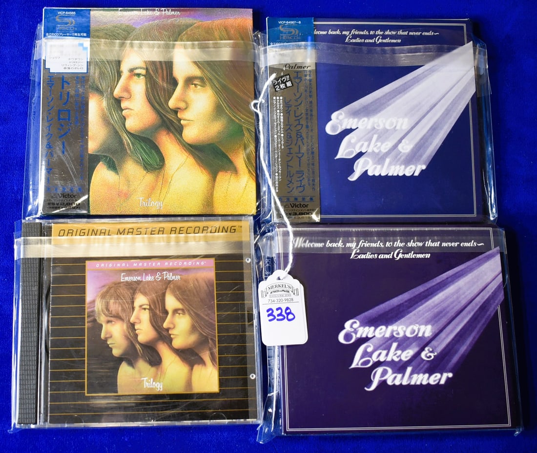 Lot of 4 Emerson Lake & Palmer (2 Japanese Release): Lot of 4 Emerson Lake & Palmer (2 Japanese Release) includes VICP-64565, Welcome back, my friends, to the show that never ends - Ladies and Gentlemen VICP-64567-8, Trilogy UDCD 621, an