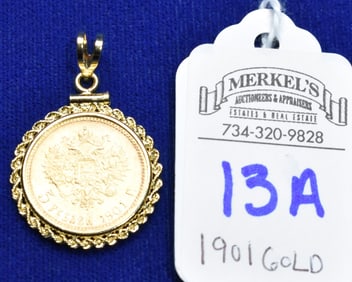 1901 Gold 5 Roubles Nicholas !! Russia Coin in 14K Slider Mount
