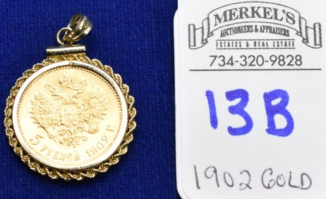 1902 Gold 5 Roubles Nicholas !! Russia Coin in 14K Slider Mount.