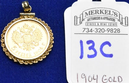 1904 Gold 5 Roubles Nicholas !! Russia Coin in 14K Slider Mount.