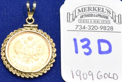 1909 Gold 5 Roubles Nicholas !! Russia Coin in 14K Slider Mount