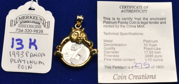 1993 Platinum Panda 1/10 Ounce Proof Like Coin in Custom Panda Mount