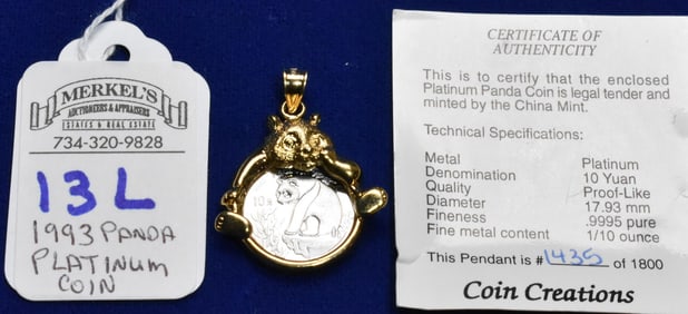 1993 Platinum Panda 1/10 Ounce Proof Like Coin in Custom Panda Mount.