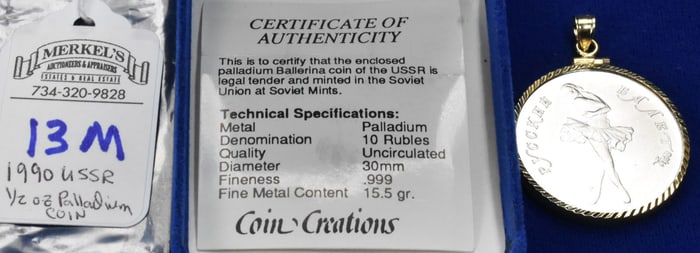 1990 USSR 1/2ozt .999 Palladium 10 Rubles Ballerina in 14kt Yellow Gold Bezel