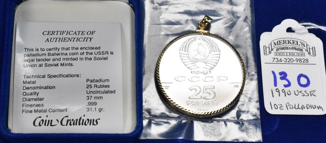 1990 USSR 1 Troy Ounce .999 Palladium 25 Rubles Ballerina in 14kt Yellow Gold Bezel.