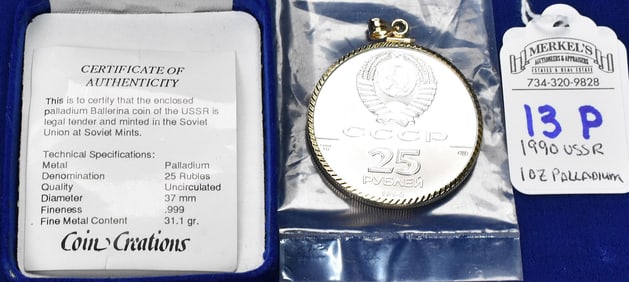 1990 USSR 1 Troy Ounce .999 Palladium 25 Rubles Ballerina in 14kt Yellow Gold Bezel.