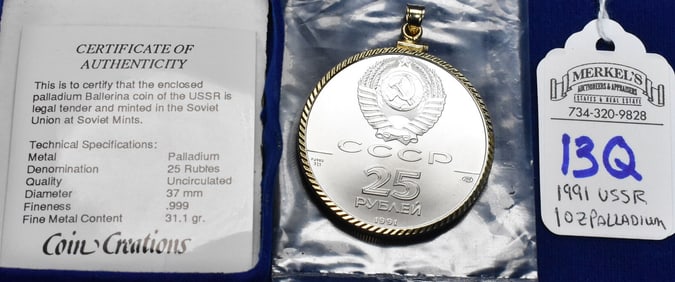 1991 USSR 1 Troy Ounce .999 Palladium 25 Rubles Ballerina in 14kt Yellow Gold Bezel.