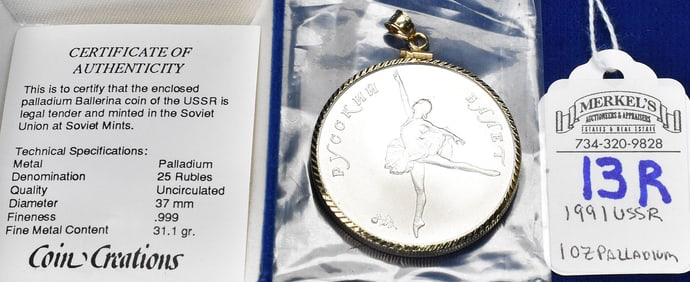 1991 USSR 1 Troy Ounce .999 Palladium 25 Rubles Ballerina in 14kt Yellow Gold Bezel.