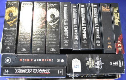 Lot of 13 Action CD Box Sets (James Bond, Boardwalk Empire Blu-ray, The Godfather, Bonnie & Clyde,