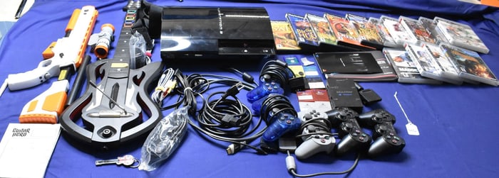 Large PlayStation PS3 Lot with Guitar Hero, Activision Cabela's Rifle Remote & 14 Games