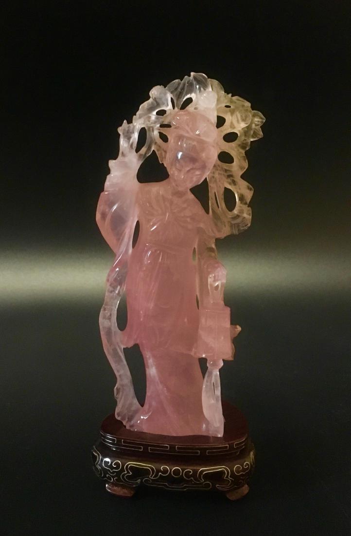 Vintage Chinese Carved Rose Quartz Figure Holding: Vintage Chinese carved rose quartz figure with inlaid base. Lady is holding a lantern in one hand. Statue measures approximately 6" tall x 2 3/4" across