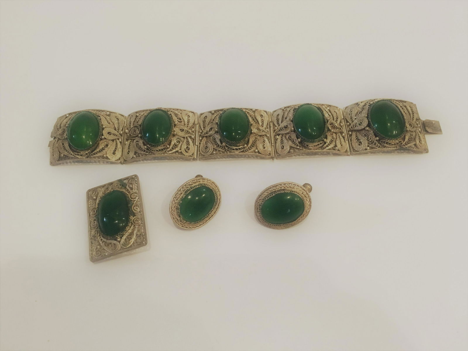 Chinese Export Silver Tone Jadeite Jade Filigree Panel (1 of 2)