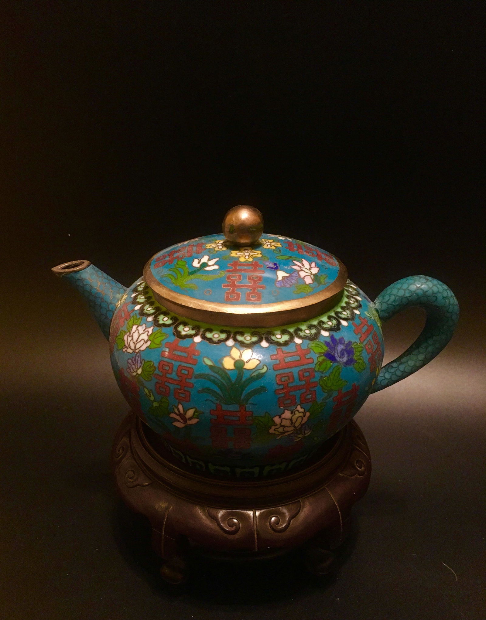 Antique 18~19th chinese Qing blue red Cloisonne teapot (1 of 3)