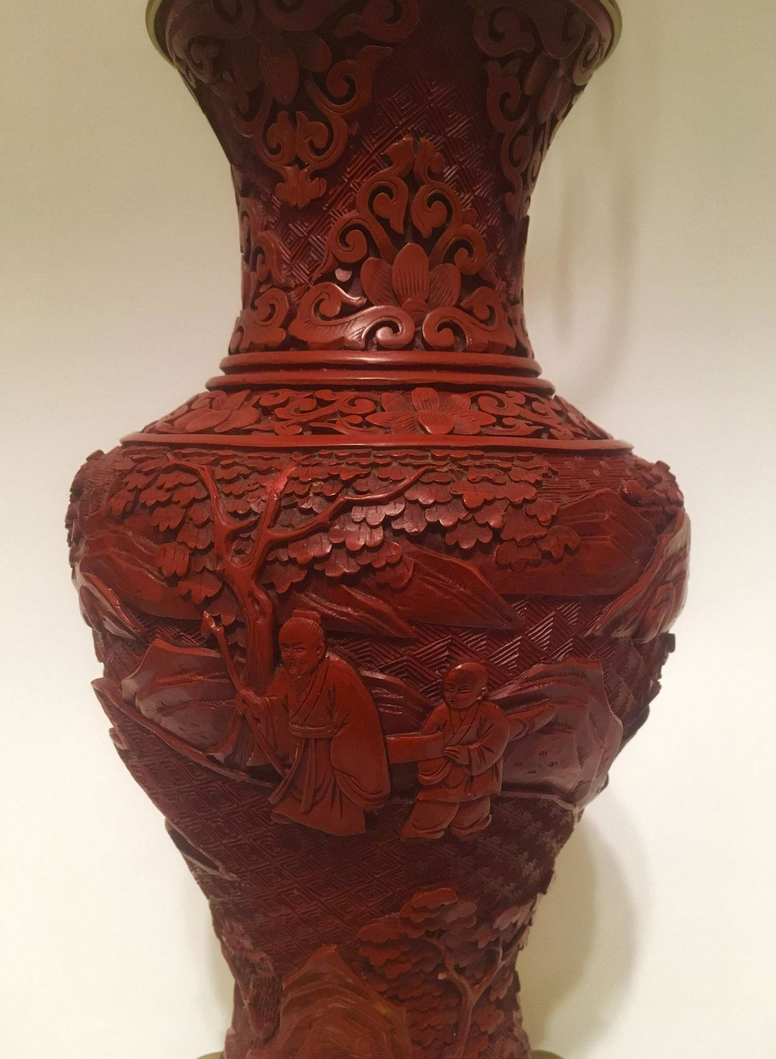 19th Chinese Cinnabar Lacquer vase lamp (1 of 5)