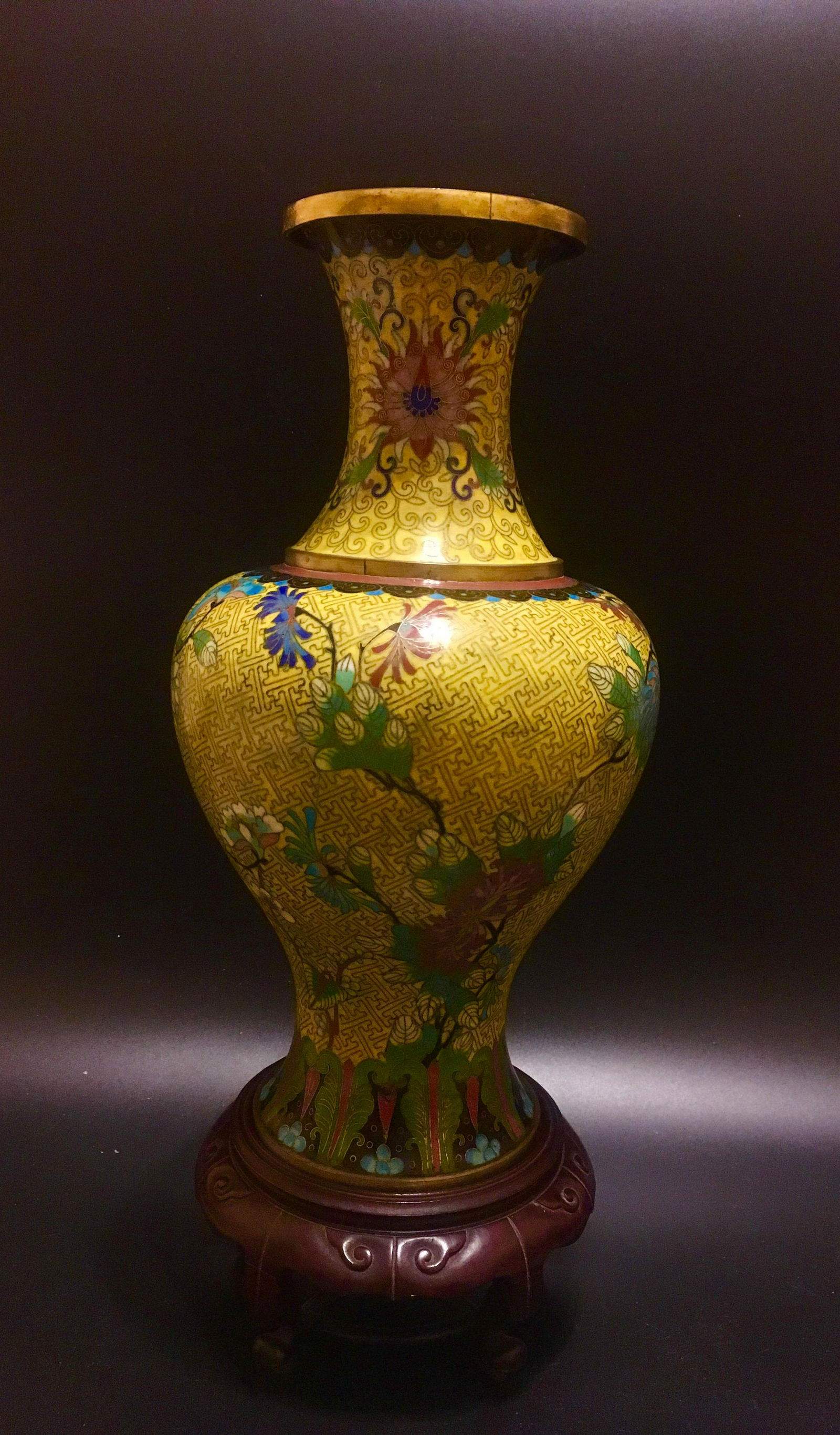 Qing chinese CLOISONNE vase Yellow Green Brown Florall (1 of 5)