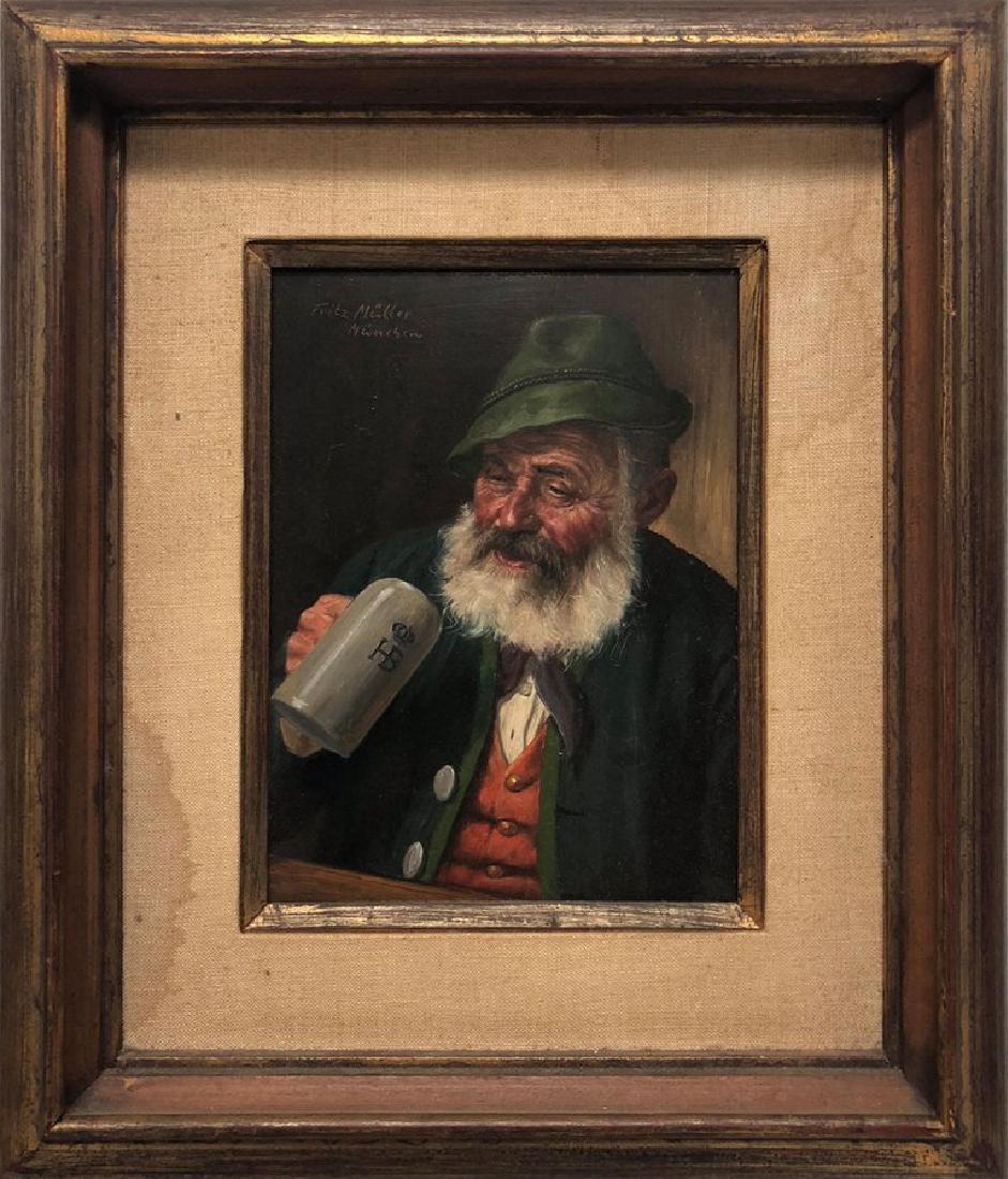 Man Drinking Painting: Oil/Panel - Framed - Signed by Fritz Muller (1879-1944) - DIMENSIONS H 9 in. x W 7 in. H 22.86 cm x W 17.78 cm