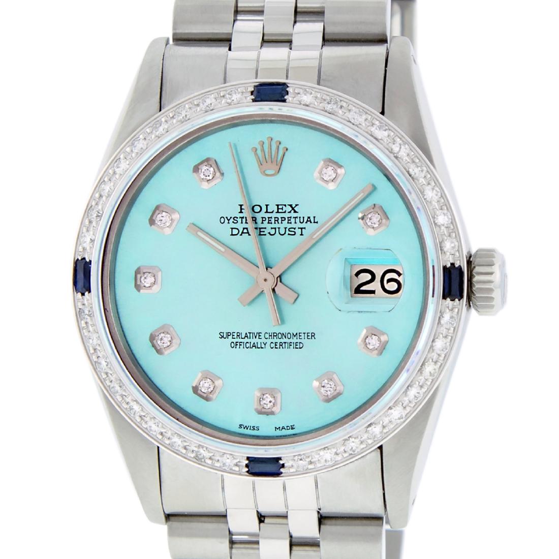 Rolex Mens Datejust Watch SS/18K White Gold Ice Blue: Rolex Men Datejust 36mm Stainless Steel with Custom Ice Blue Dial set with Diamond Markers. Custom 18K White Gold Bezel with Round Diamonds and 4 Sapphire Baguette. Rolex Automatic Self-Winding Moveme