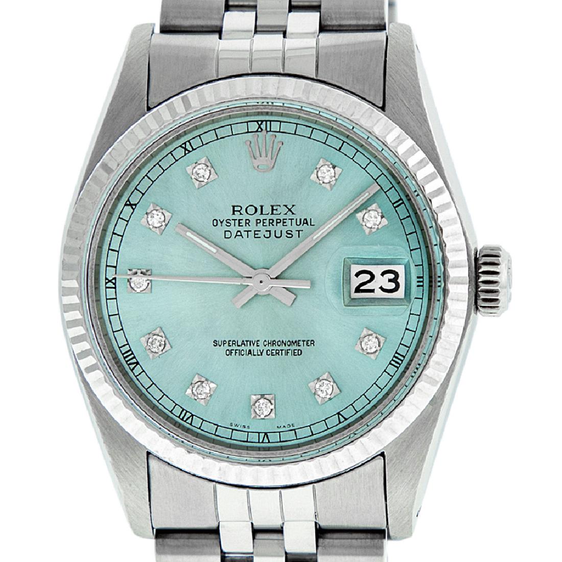 Rolex Mens Datejust Watch SS / White Gold Ice Blue: Rolex Men Datejust 36mm Stainless Steel with Custom Ice Blue Dial set with Diamond Markers. Rolex White Gold Fluted Bezel. Rolex Automatic Self-Winding Movement with Acrylic Plastic Crystal.
