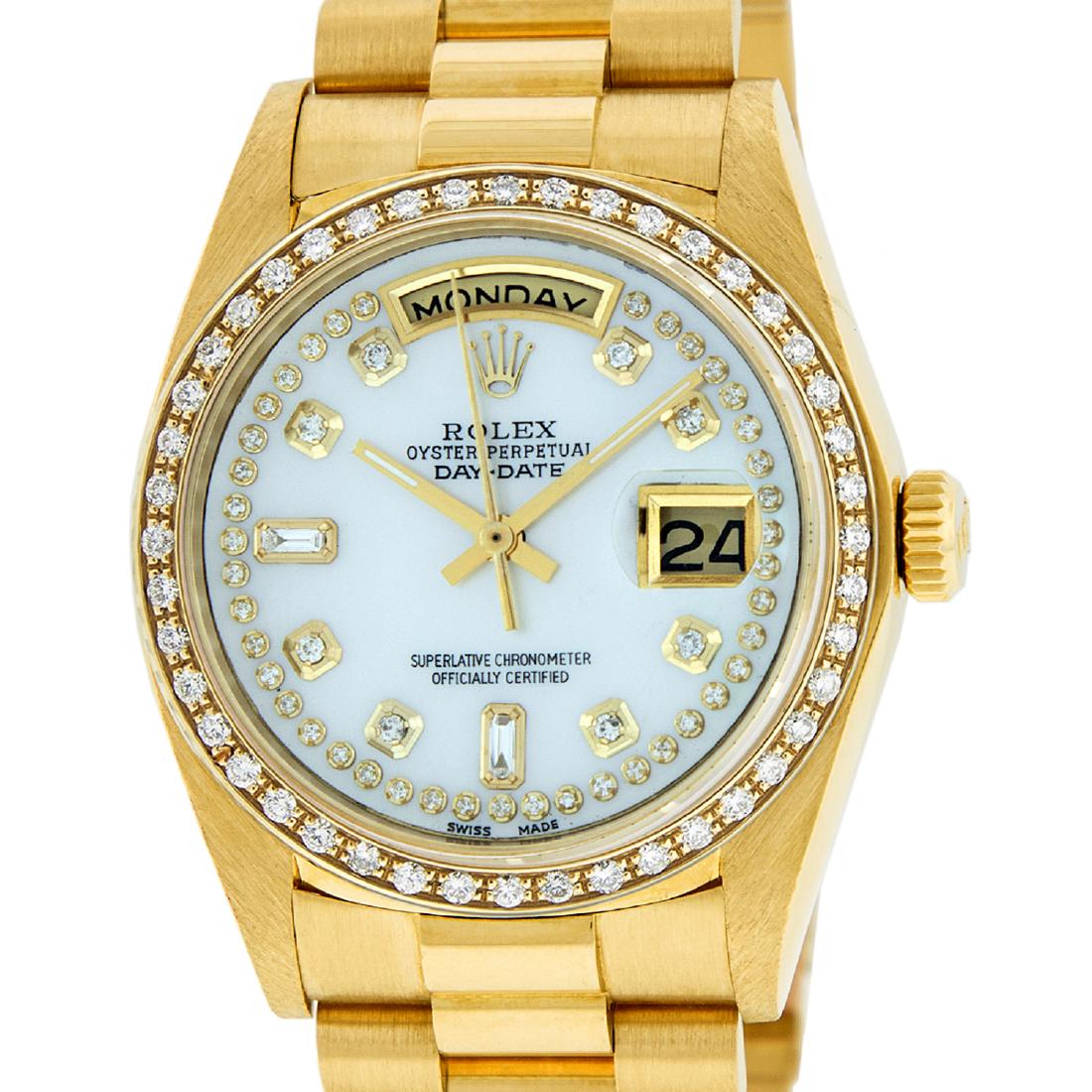 Rolex Mens 18038 Day-Date 18K Yellow Gold MOP String: Rolex Mens Day-Date 36mm 18K Yellow Gold with Custom MOP Dial set with String Diamond Markers. Custom 18K Yellow Gold Diamond Bezel. Rolex Automatic Movement with Scratch Resistant Sapphire Crystal. R