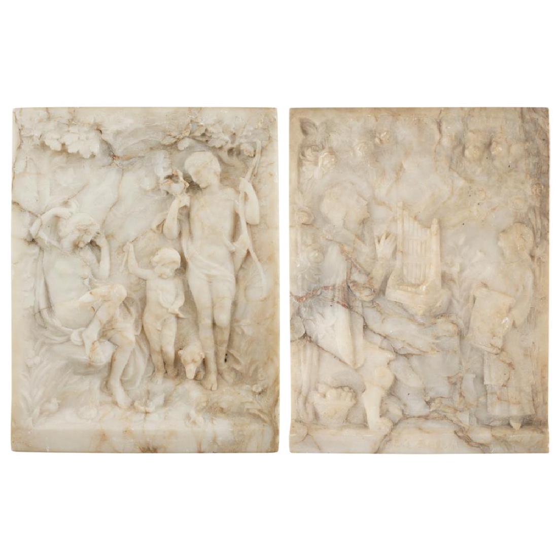 TWO CARVED ALABASTER RELIEF PANELS: TWO CARVED ALABASTER RELIEF PANELS of rectangular form, the first depicting Cupid with Artemis and Actaeon, 27cm x 20.5cm; the second, depicting St Cecilia with a portative organ, with inscriptions GL