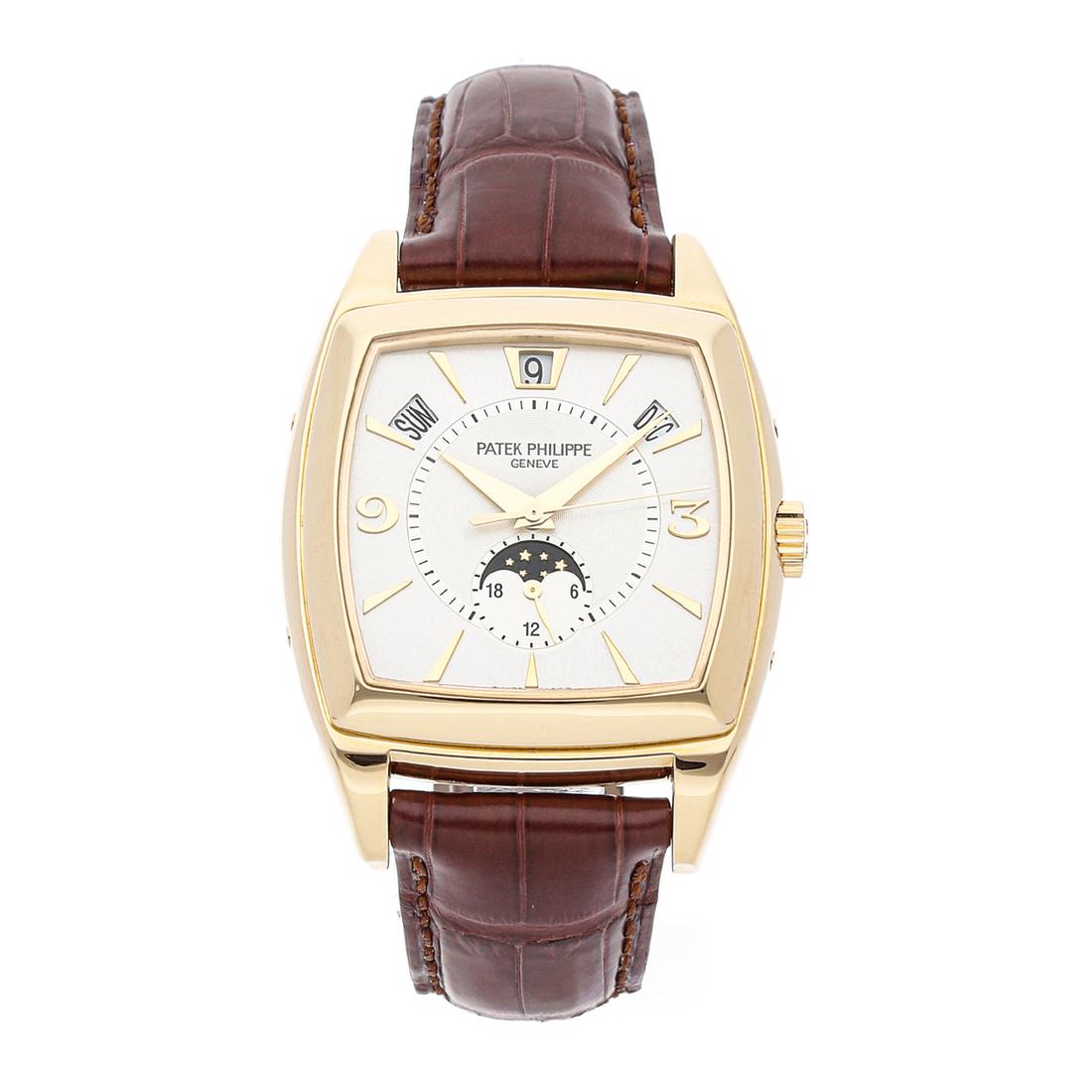 Patek Philippe Gondolo Calendario: Brand: Patek Philippe Model: Gondolo Calendario Case Size: 51 x 38 mm Movement: Mechanical (Automatic) Complications: Annual Calendar, Day and Date, Month, Moon Phase Material: 18k yellow gold Band: B