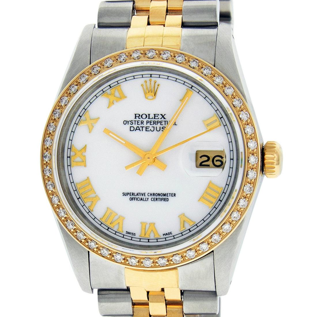 Rolex Mens Datejust Watch SS/18K Yellow Gold White: Rolex Men Datejust 36mm Stainless Steel with Custom White Dial set with Roman Hour Markers. Custom 18K Yellow Gold Bezel with Genuine Diamonds. Rolex Automatic Self-Winding Movement with Scratch Resis