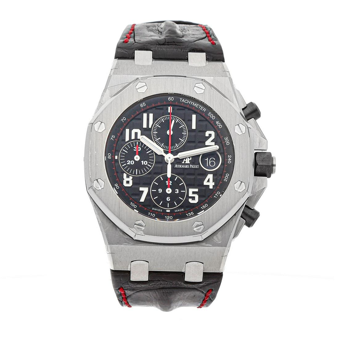 Audemars Piguet Mens Royal Oak Offshore Chronograph: Brand: Audemars Piguet Model: Mens Royal Oak Offshore Chronograph Case Size: 42 mm Movement: Mechanical (Automatic) Complications: Chronograph, Date Material: Stainless steel Band: Black alligator str
