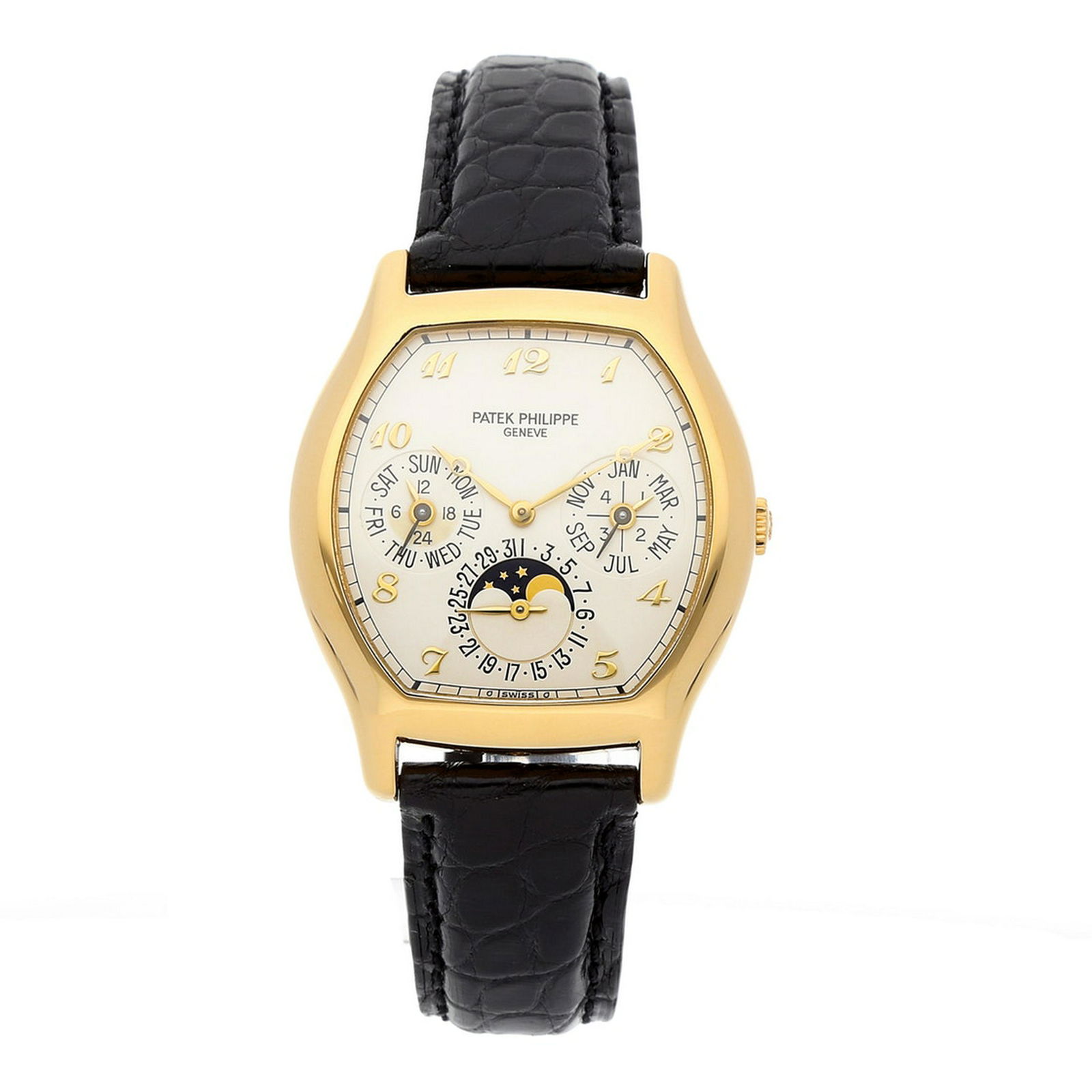 Patek Philippe Grand Complications: Brand: Patek Philippe Model: Grand Complications Perpetual Calendar Case Size: 35 mm Movement: Mechanical (Automatic) Complications: Date, Moon Phase, Month, GMT/World Time, Day, 24-Hour Indicator Mat
