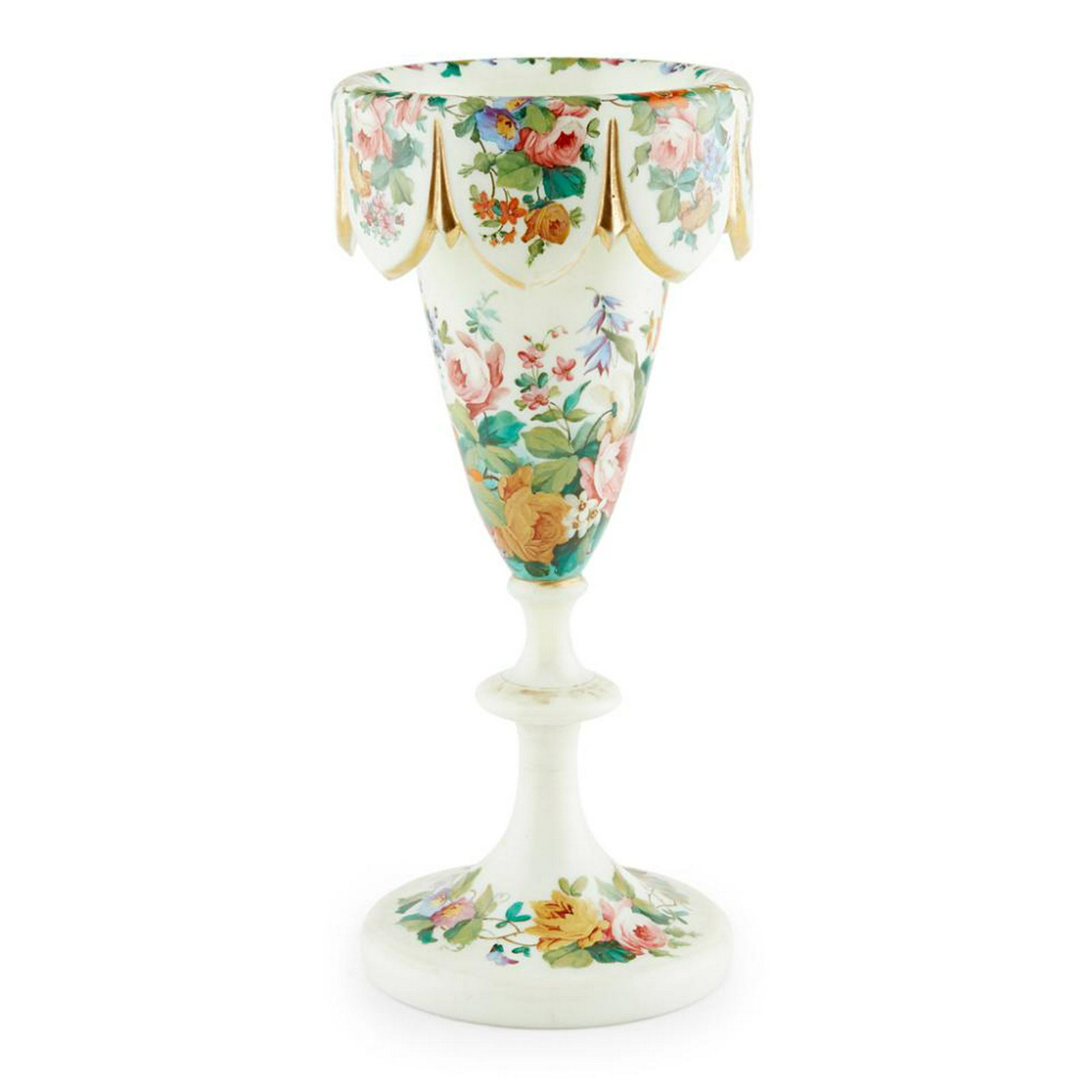 FRENCH PAINTED OPALINE FOOTED GLASS VASE: LATE 19TH CENTURY with a lambrequin rim above a conical body, on a knopped stem and conical foot, painted with roses and flowers on cream-coloured glass 30cm high